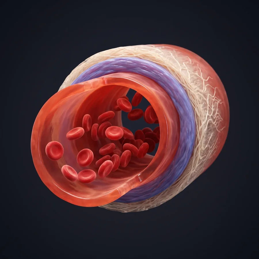 Arteria en corte mostrando el anillo muscular y las capas externas de la pared arterial